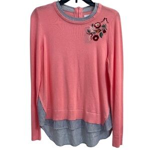 Crown and Ivy NWT Sweater, Coral color, Embroidered Flowers, Coral, Size Women M